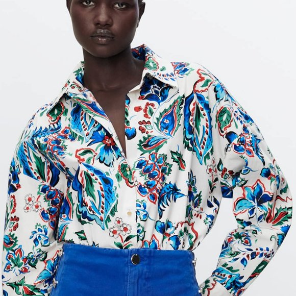 NEW Zara POPLIN Button up Floral Shirt Blouse- Size M OVERSIZED - Picture 8 of 16